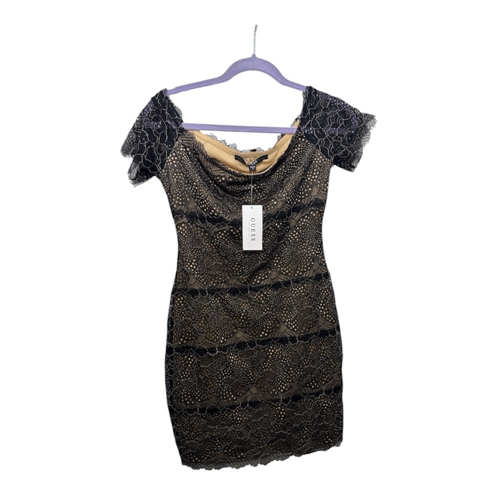Guess Black and Gold Off-Shoulder Mini Dress
